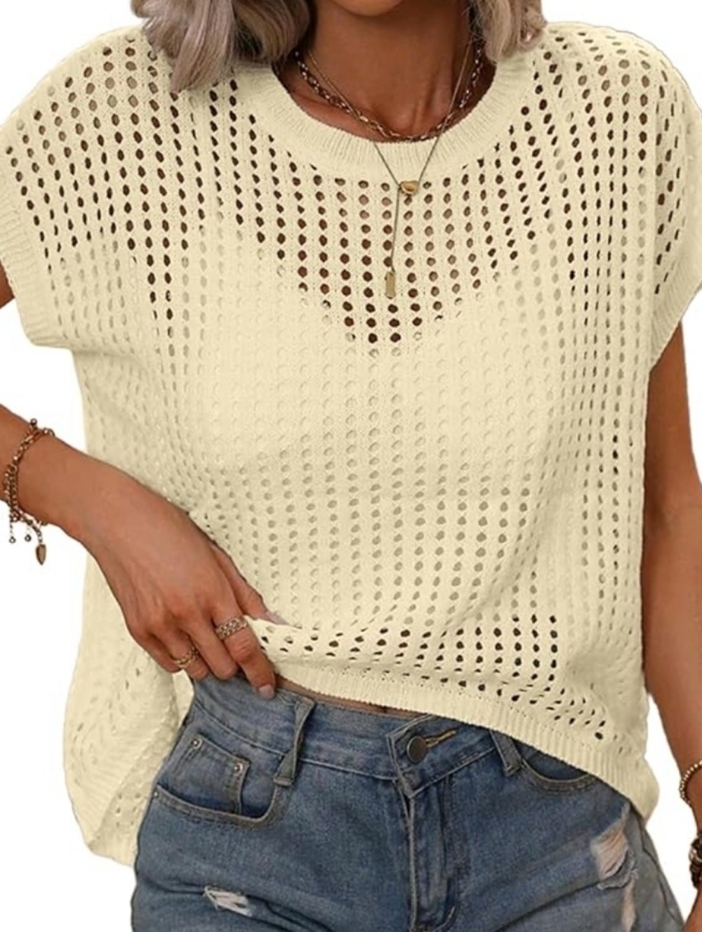 Cream Open-Knit Short Sleeve Sweater - Unbranded